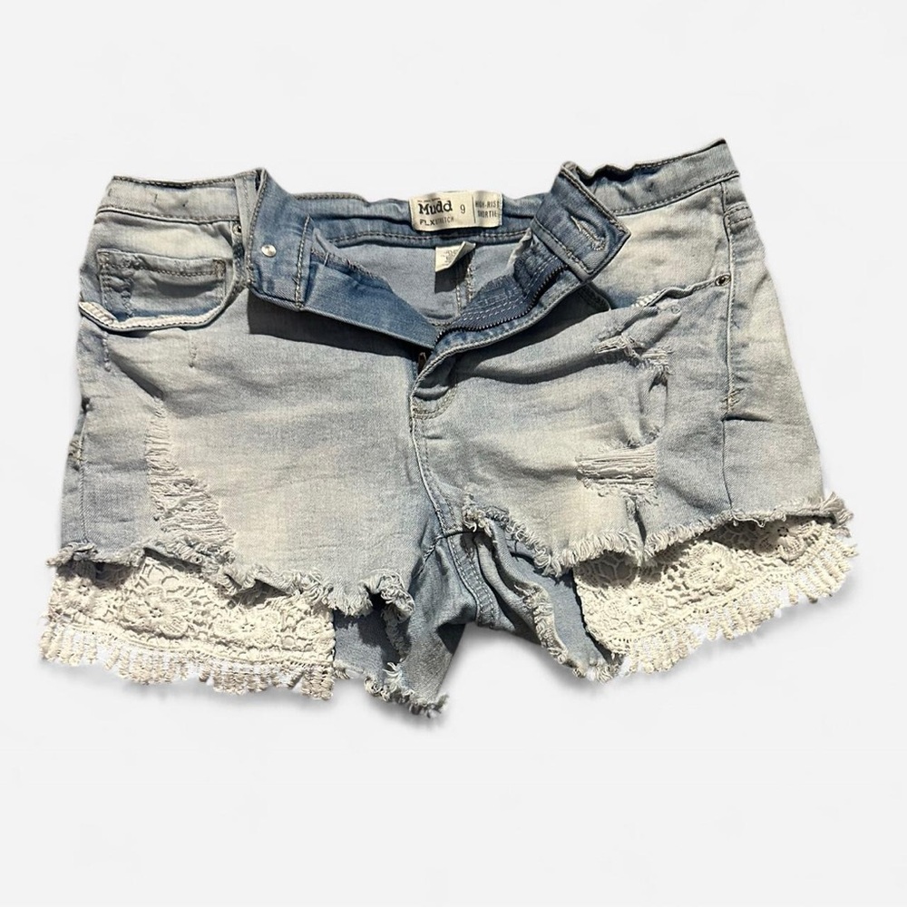 Mudd Blue and White Jean Shorts Distressed Frayed Hem